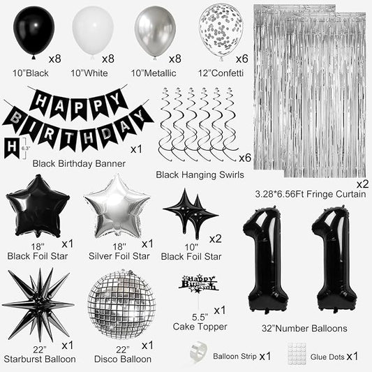 11th Birthday Decorations for Boys Girls, Black Silver Happy Birthday Party Decorations, 11 Year Old Party Supplies with Number 11 Balloons, Banner, Fringe Curtains Kit