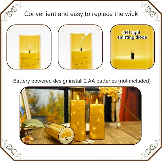 Flickering Flameless LED Candles,Battery Operated Candles 9 Pcs with Embedded Star String,Acrylic LED Pillar Candles with Remote,Suitable for Home Decoration to Create an Atmosphere(Gold)
