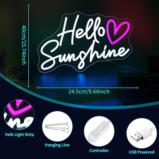 Hello Sunshine Neon Signs for Wall Decor White LED Neon Sign for Room Neon Light Sign for Wall Decor Birthday Party USB Powered