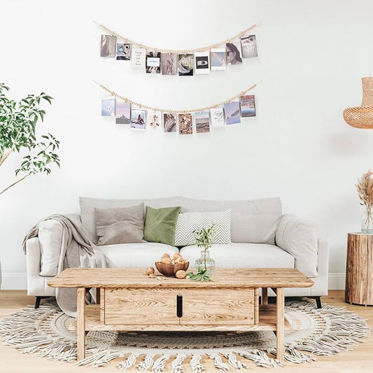 Mkono Hanging Photo Display with Clips, Boho Wooden Bead Garland Banner, Collage Card Picture Kids Art Holder String with 10 Clips for Christmas Bedroom Dorm Decor, Teen Girl Gifts, Brown, 2 Pack