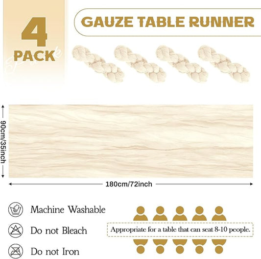 Aktor 4 Pack Ivory Table Runner Boho Cheesecloth Table Runner Semi Sheer Gauze Fabric Runners for Wedding Birthday Baby Shower Party Boho Table Decoration(Ivory)