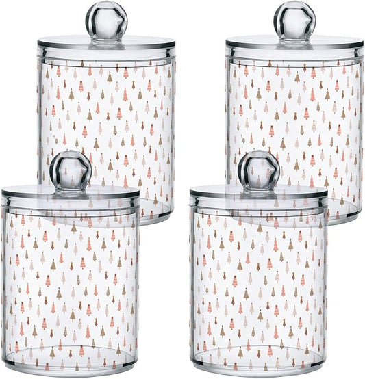 Gredecor 2 Pack Qtip Holder Clear Pastel Christmas Tree Pink Forest Apothecary Jars with Lids Acrylic Christmas Winter Bathroom Jars Vanity Canister Storage Organizer for Cotton Ball,Swabs,Pads,Floss