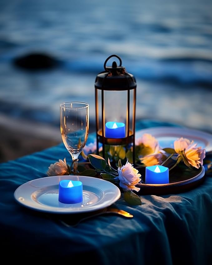 Homemory Blue Tea Lights Candles Battery Operated, 200+Hour Flameless Flickering Fake Electric LED Colored Tealights Candles for Wedding Table Decor, Theme Party, Aniversary, Proposal, 12-Pack