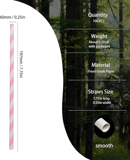 Disposable White and Pink Striped Paper Straws, Hot Pink Swirl Straw Pastel Princess Drinking Straws for Valentines Birthday Wedding Party Suppliers (7.75 Inches, Box of 100)