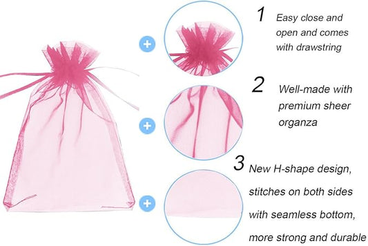 Wudygirl 100pcs Sheer Pink 5''X7 Organza Bags with Drawstring Jewelry Lipstick Pouches Baby Shower Party Wedding Favors Chocolate Candy Bags (Pink 5x7)