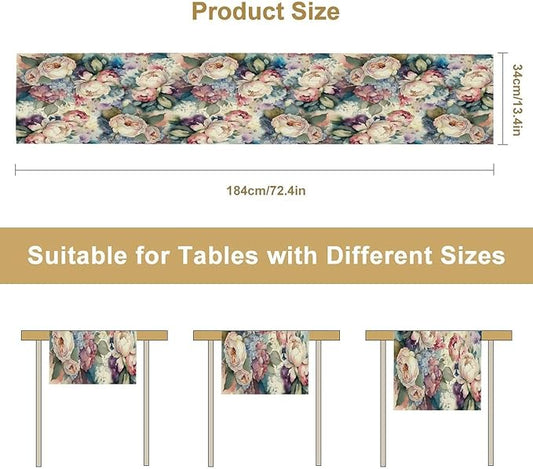 Vintage Floral Table Runner,Girls Women Rose Romantic Leaf Botanical Watercolor Pattern Print Burlap for Hotel Indoors Outdoor Dining Room Kitchen Holiday Party, 13x90in