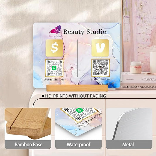 Personalized Custom Metal QR Code Sign Venmo Cashapp Scan to Pay with Stand Instagram Facebook Social Media QR Signs Bar Code QR Plaque Print for Business Salon Beauty Store Restaurant Wifi Sign (Horizontal 2)