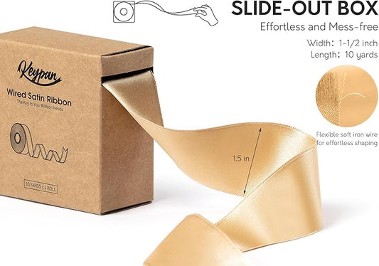 Champagne Gold Satin Ribbon Double-Faced Wired Ribbons for Gift Wrapping Flower Bouquet Bows Wedding Invitation Christmas Decor Crafts 1-1/2 Inch 10 Yards