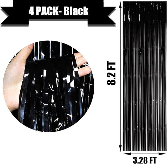 4 Pack Black Foil Fringe Curtain Backdrop, 3.28Ft x 8.2Ft Metallic Tinsel Streamer Curtains for Party, Photo Booth Props, Birthday, 2022 Graduation Decoration Party Supplies
