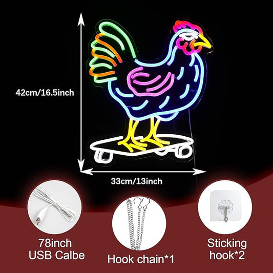 Dimmable Chicken Neon Sign for Wall Decor Funny Skateboarding Rooster LED Neon Light USB Powered Light Up Animal Sign for Bedroom Birthday Party Kids Gifts(16.5 * 13In)