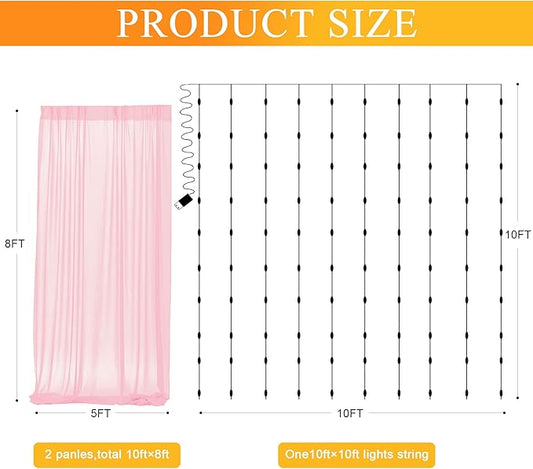 Fomcet Pink Tulle Backdrop Curtains with Lights String 10FT X 8FT Sheer Curtain with Lights Tulle Curtains Backdrop for Wedding Birthday Party Baby Shower Photo Shoot (2 Panels 5x8FT)