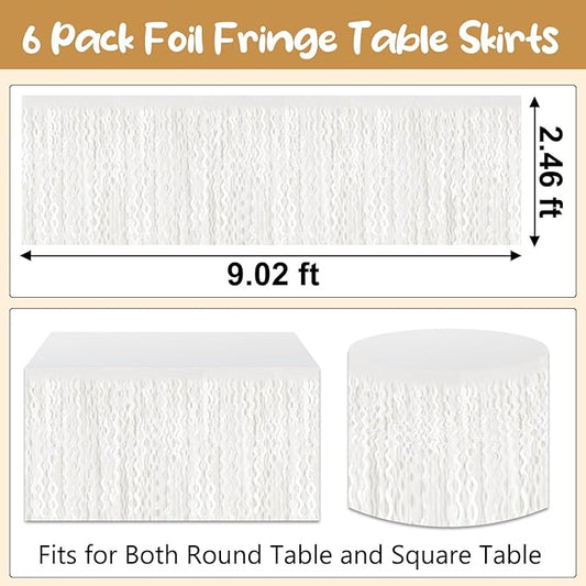 6 Pack 29 x108 Inch Macaron White Wave Foil Fringe Table Skirts Metallic Banner for Tinsel Streamer Garland Backdrop for Parade Floats, Mother's Day, Easter, Wedding, Birthday Party Decoration