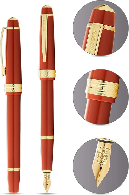 Cross Bailey Light Refillable Fountain Presented in a Everyday Gift Box - Medium Point, Black Ink, Polished Amber