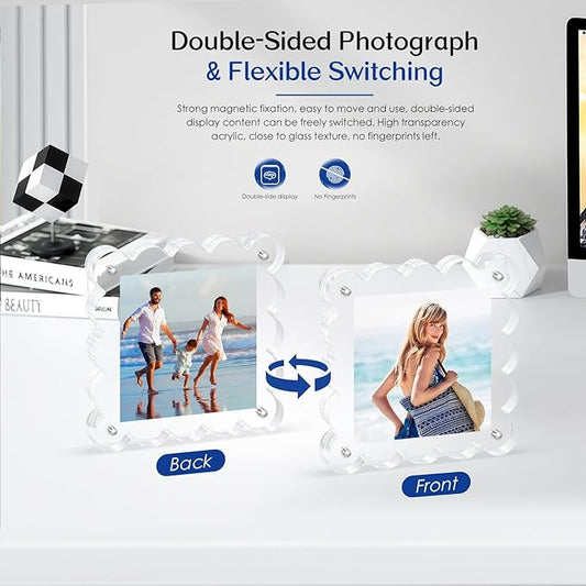 Acrylic Magnetic Picture Frames 4x4-2Pack Clear Freestanding Photo Frame.Double-Sided Scalloped Edges, 10+10mm Thick Block, for Modern Desktop Display &Perfect for Gifts (2 Pack, 4X4)