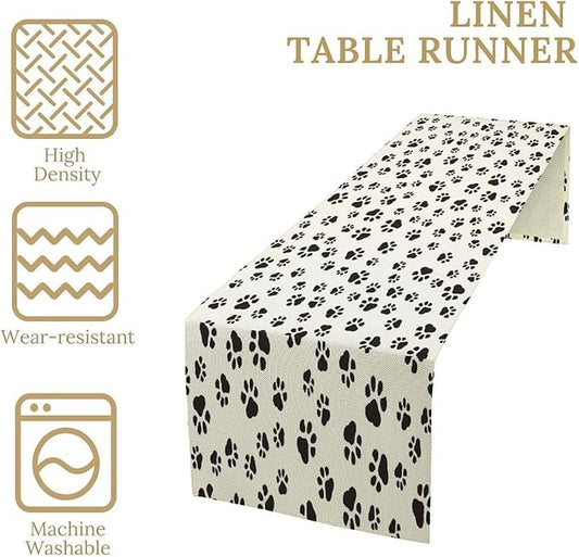 Dog Paws Table Runner,Cartoon Cute Black White Animal Footprints Abstract Tablecloth Burlap for Hotel Indoors Outdoor Dining Room Kitchen Home Decor,W13X L60 in