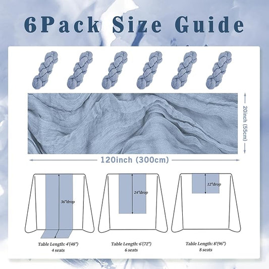 6 Pack Dusty Blue 10FT Cheesecloth Table Runner Rustic Gauze Fabric Cheese Cloth Table Runner for Wedding Bridal Baby Shower Table Decor 20 x 120 Inch Long Boho Sheer Birthday Party Table Decorations