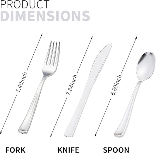 50 Pack Pre Rolled Silver Plastic Silverware Set, Disposable Wrapped Plastic Cutlery Set (50 Forks, 50 Knives, 50 Spoons, 50 Napkins) for Wedding Party