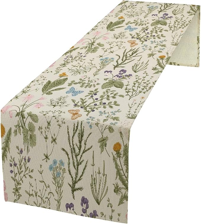Floral Botanical Table Runner, Garden Spring Flower Botanical Butterfly Animal for Restaurant, Kitchen, Wedding, Party Rectangular Table Runner Decoration,13in(33cm) W * 108in(274cm) L