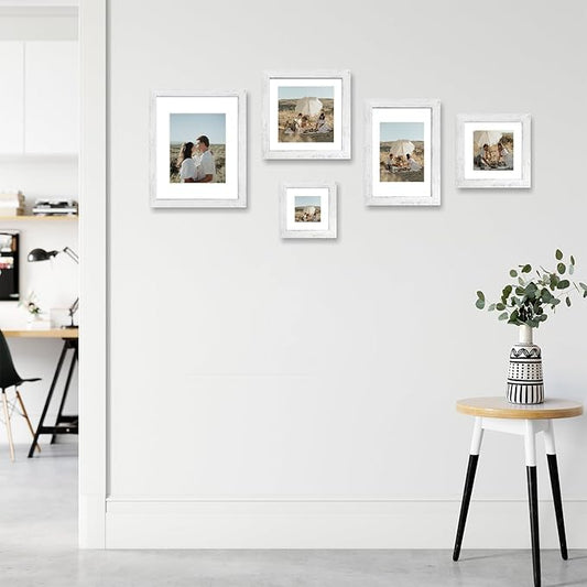 8x8 Picture Frames Set of 4 with Real Glass, Distressed White Frame Display 6x6 Pictures with Mat or 8 x 8 Without Mat, Wood Square Photo Frame for Wall Mount and Tabletop Display