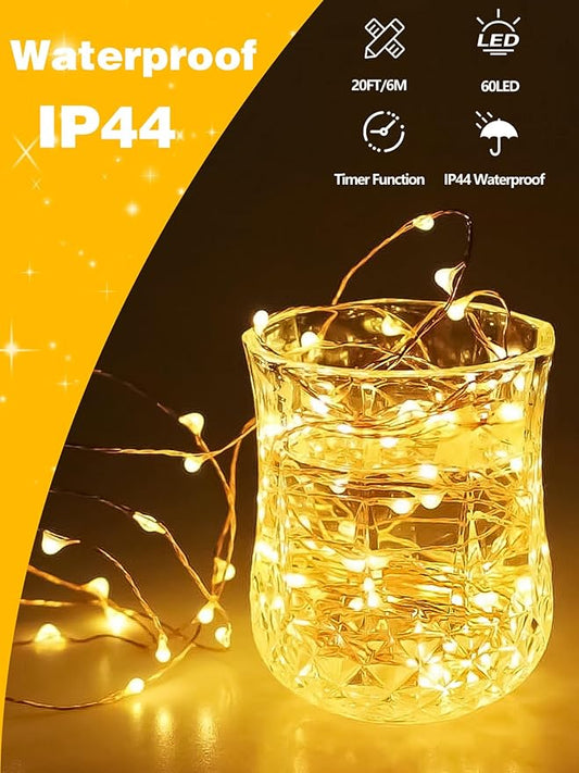 6 Pack Fairy Lights Battery Operated with Timer, Each 20FT 60LED Christmas String Lights Outdoor Indoor, Cuttable Battery Twinkle Light for Bedroom Home Wedding DIY Christmas Decorations (Warm White)