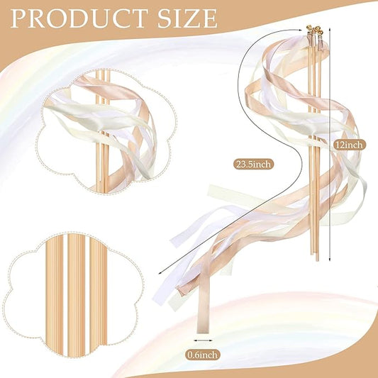 Boao 40 Pieces Mixed Color Ribbon Sticks with Bell, Ribbon Sticks for Stick Party, Streamers for Wedding Birthday Party Celebration Baby Shower Favors(White, Beige, Champagne)