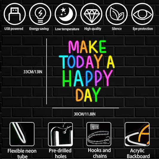 Make Today A Happy Day Neon Sign, Inspirational Colorful Letter Neon Light for Wall Decor, Dimmable Motivation LED Light Sign for Bar Cafe Restaurant Office Living Room Wedding