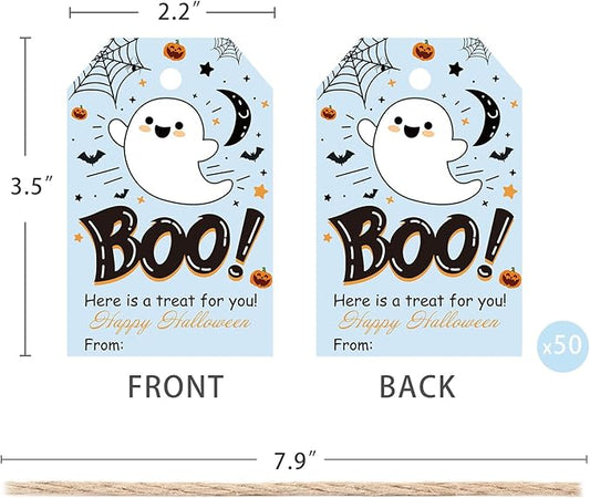 Aukolass 50Pcs Boo Gift Tags, Halloween Treat Tag for Spooky Boy Ghost Party Favor and Gift Wrapping Decoration (Blue Boo)