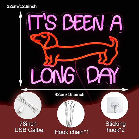 Dimmable Dog Neon Sign Pink It’s Been A Long Day Neon Light for Wall Decor Red Cute Dachshund LED Light Up Sign with USB for Bedroom Pet Shop Dog Theme Party Decor Gift for Dog Lovers (16.5*12.6In)