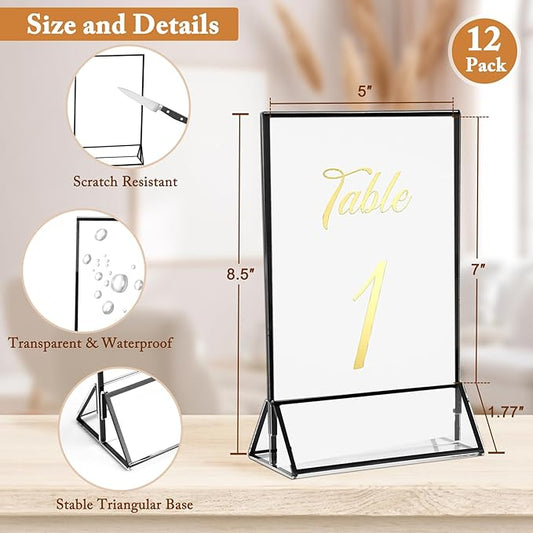 Floroom 12 Pack 5x7 Inch Clear Acrylic Sign Holders, Double-Sided Black Display Stand Picture Frames for Table Numbers, Menus, Flyers, Weddings, and Offices