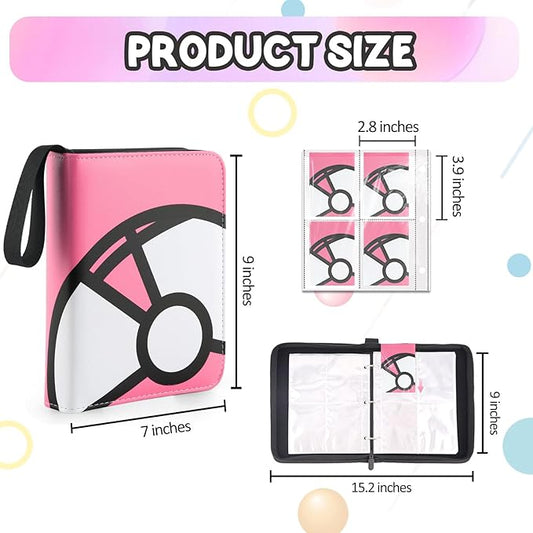 Trading Card Binder 4-Pockets, 400 Pockets Card Holder with 50 Removable Sleeves, Large Capacity & Waterproof Zipper Album Holder for Trading Card Collector,Portable Card Album Book for Card-Pink
