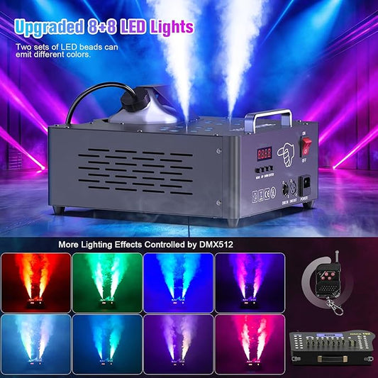 2000W Professional Fog Machine Dual Nozzle with 16 RGB LED, DMX Control Adjustable Smoke Direction, 2.5L Tank LCD Display 30000CFM for Halloween Christmas Stage DJ Party Club Events