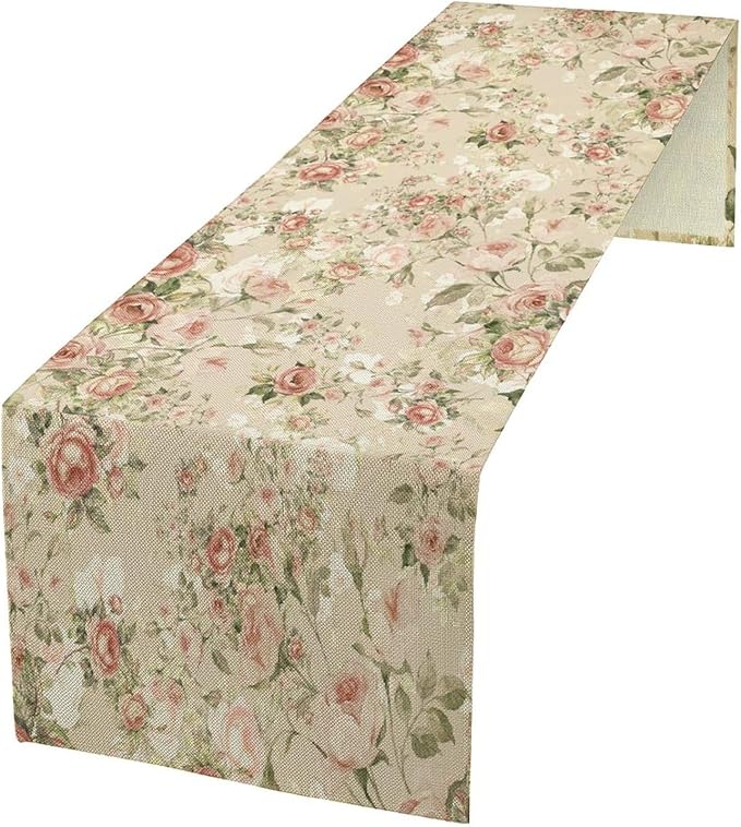 Lovely Rose Table Runner, Red and White Vintage Rose Delicate Floral Natural Pattern Long Table Restaurant Kitchen Holiday Party Decoration,13in(33cm) W * 90in(229cm) L