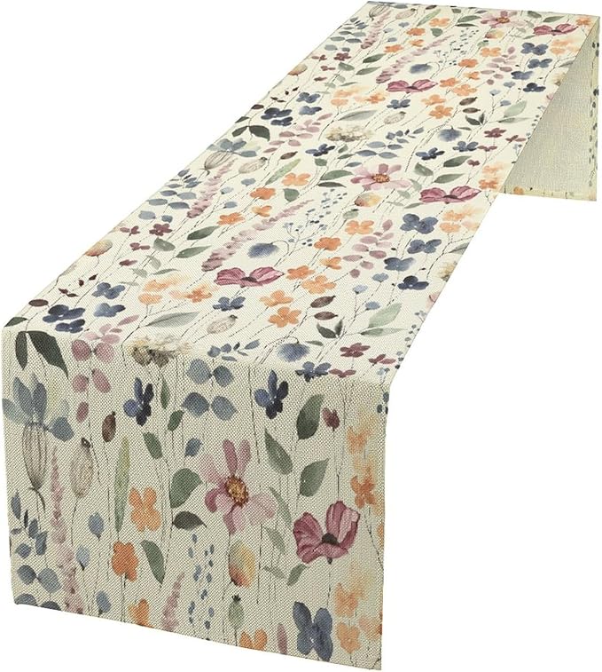 Watercolor Floral Table Runner, Vintage Colorful Floral Natural Style Pattern Decorative Home Restaurant Kitchen Rectangle Table Runner,13in(33cm) W * 72in(184cm) L