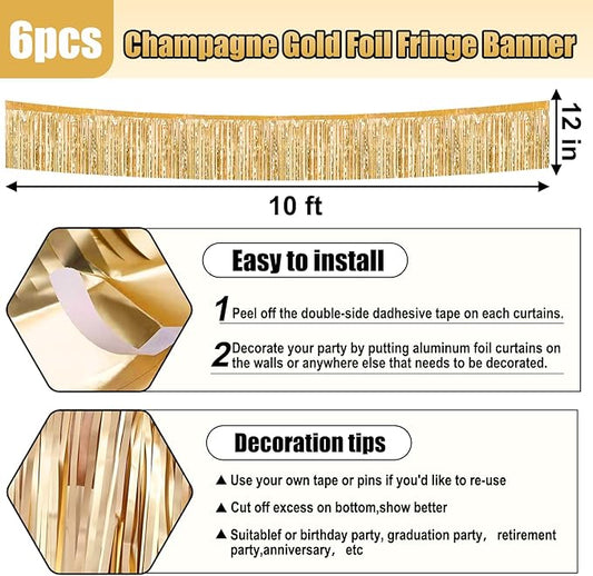 6 Pack 10 Feet Champagne Gold Foil Fringe Garland Metallic Tinsel Streamers Banner Wall Hanging Curtain Backdrop for Parade Floats, Birthday, Graduate, Mother's Day, Wedding Party Decoration