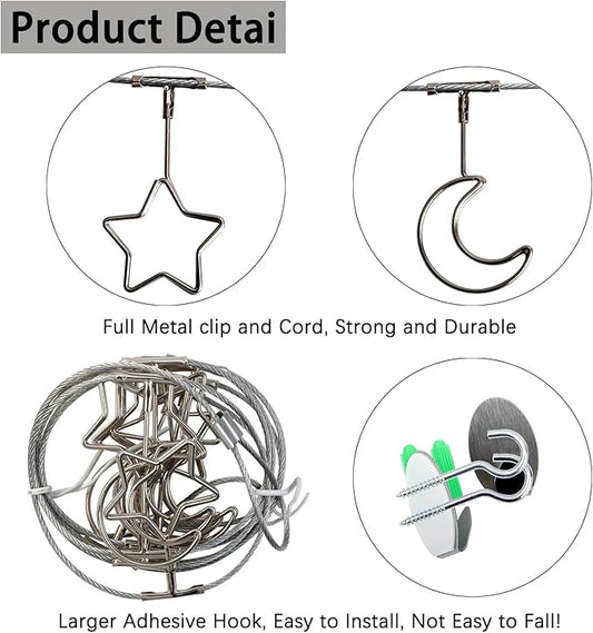 2 Pack Chain Photo Clip Hanging Photo Display Wall Photo Display Metal Photo String with 12 Clips Wall-Mounted Picture Holder for Hanging Painting Family Photos Artworks (Silver-Star and Moon)