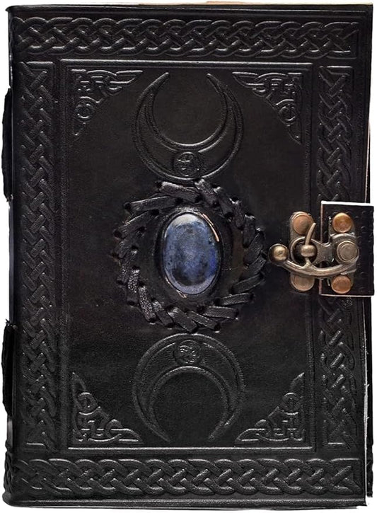 cuero 3 Moon Blue Lapiz Embossed Vintage Leather Journal for Men & Women - 140 Pages, Antique Handmade Deckle Edge Vintage Paper, Leather Journal Writing Notebook Dairy Gift (7 inch by 10 inch, Black)