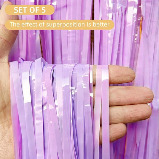 5 Pack Purple Foil Curtain Backdrop 3.2ft x 8.2ft Tinsel Foil Fringe Curtains Macaron Photo Booth Streamer Backdrop for Party Decorations Birthday Baby Shower Bachelorette Holiday (Pastel Purple)