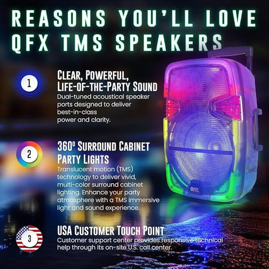 Crystal Clear Sound, Bright Party Lights, Portable & Easy to Use | 8" Rechargeable Bluetooth PA Karaoke Loud Party Speaker, 5-Hour Playtime | TWS, USB, TF, AUX, FM Radio | QFX | TMS-853