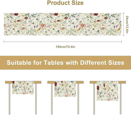 Floral Butterfly Table Runner,Rustic Colorful Flower Botanical Watercolor Pattern Print Burlap for Hotel Indoors Outdoor Dining Room Kitchen Holiday Party, 13x80in