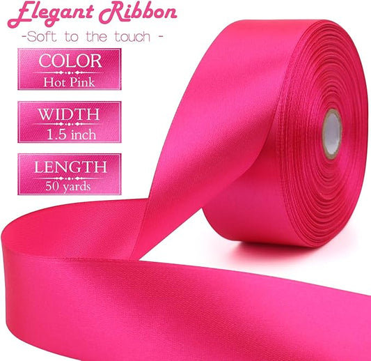 Hot Pink Solid Satin Ribbon 1-1/2 Inch 50 Yards Solid Polyester Fabric Ribbon for Gift Wrapping Wedding Christmas Baby Shower Birthday Party Decoration Handmade Immortal Flower Craft