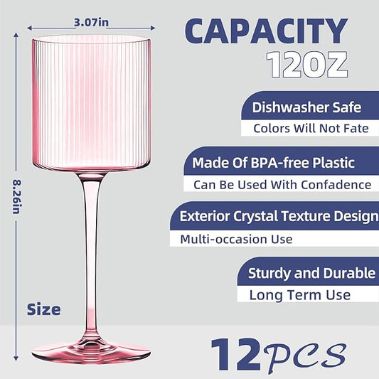 Plastic Goblets Wine Glasses - 12Oz Acrylic Wine Glasses Origami Unbreakable Clear Plastic Cocktail Glasses Recyclable Shatterproof Reusable Wine Cups for Parties & Weddings (Pink)