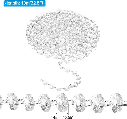PATIKIL 14 mm Crystal Garland Strands, 32.8 Ft Acrylic Octagon Chandelier Bead Chains String for DIY Craft Wedding Party Home Decorative Jewelry Making, Clear