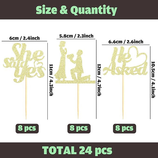 Sotpot 24PCS He Asked She Said Yes Cupcake Toppers With Heart Gold Glitter for Wedding Bridal Shower Wedding Engagement Party Cake Decorations