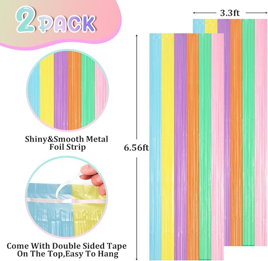 2 Pack Pastel Rainbow Foil Fringe Backdrop Curtains, Tinsel Streamers Party Decorations, Fringe Backdrop, Door Shimmer for Baby Shower or Birthday Party
