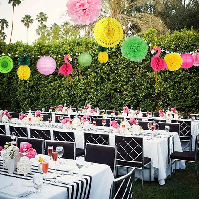 YUNXUAN Flamingo Party Supplies, Hawaiian Party Decorations Flamingo and Pineapple Honeycomb Ball Paper Lanterns Paper Fans Pom poms Flowers for Birthday Luau Tropical Bachelorette Party