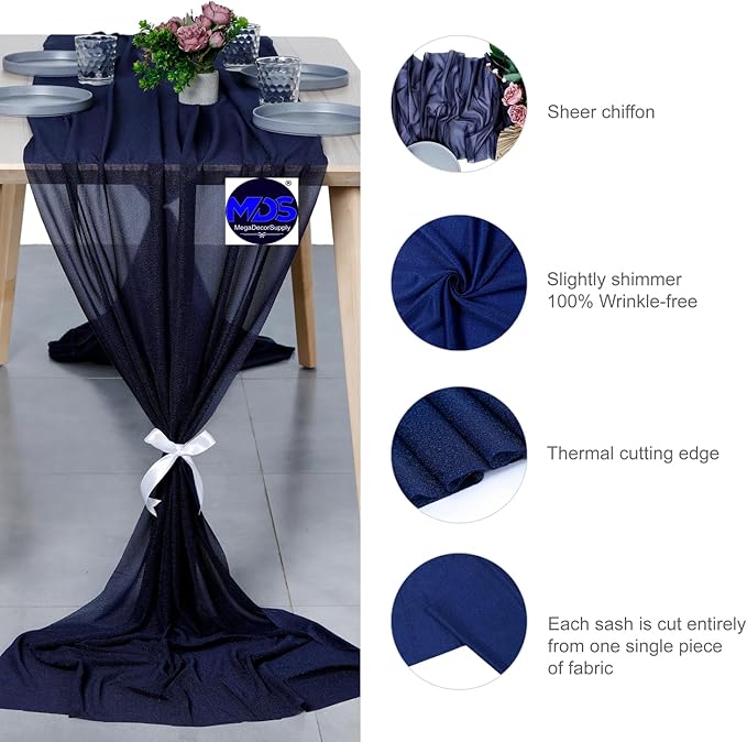 MDS Halloween Chiffon Table Runner - 10 Pack, 29 x 120 Inches, 10ft Each - Sheer Spooky Table Runners for Haunted House Parties, Trick-or-Treat Tables, Witchy Décor, Wedding & Events - Navy Blue