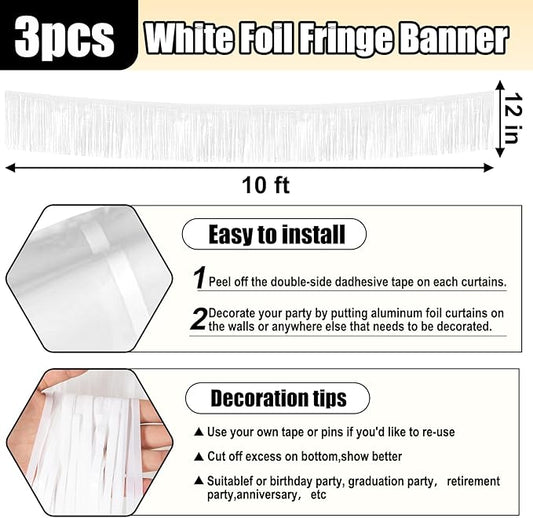 3 Pack 10 Feet White Foil Fringe Garland Metallic Tinsel Streamers Banner Wall Hanging Curtain Backdrop for Parade Floats, Christmas Day, Valentine's Day, Thanksgiving, Birthday Party Decorations