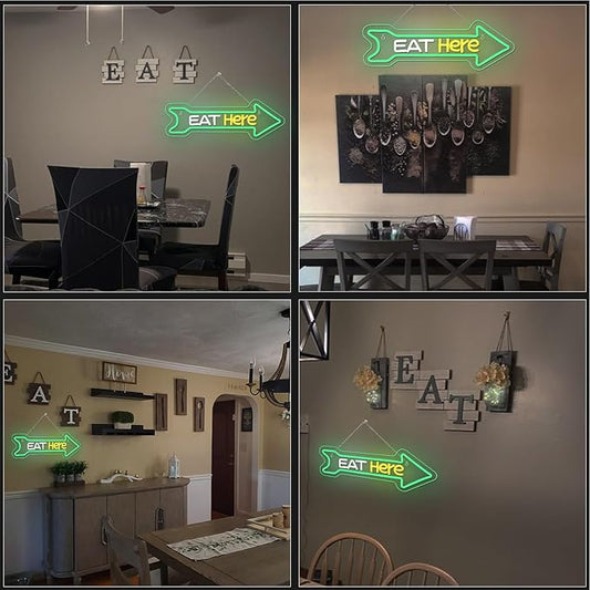 Looklight Eat Here Arrow Neon Sign Dimmale Neon Lights For Wall Decor Led Lights For Home Kitchen Restaurant Bar Party Decor USB Powered 16.6x5.5in