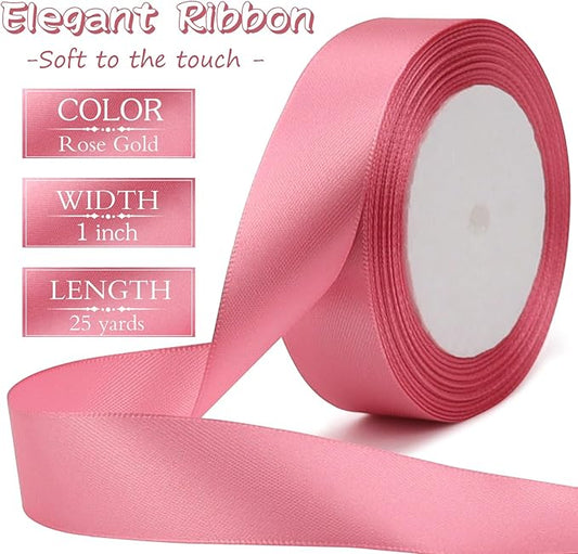 Rose Gold Solid Satin Ribbon 1 Inch 25 Yards Solid Polyester Fabric Ribbon for Gift Wrapping Wedding Christmas Baby Shower Birthday Party Decoration Handmade Immortal Flower Craft