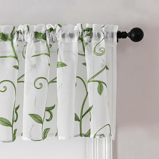 VISIONTEX Sheer Voile Curtain Valances, Decorative Leaves Embroidered, Rod Pocket Window Treatment for Kitchen/Rustic Bedroom/Living Room (54 x 16 Inch,1 Panel)